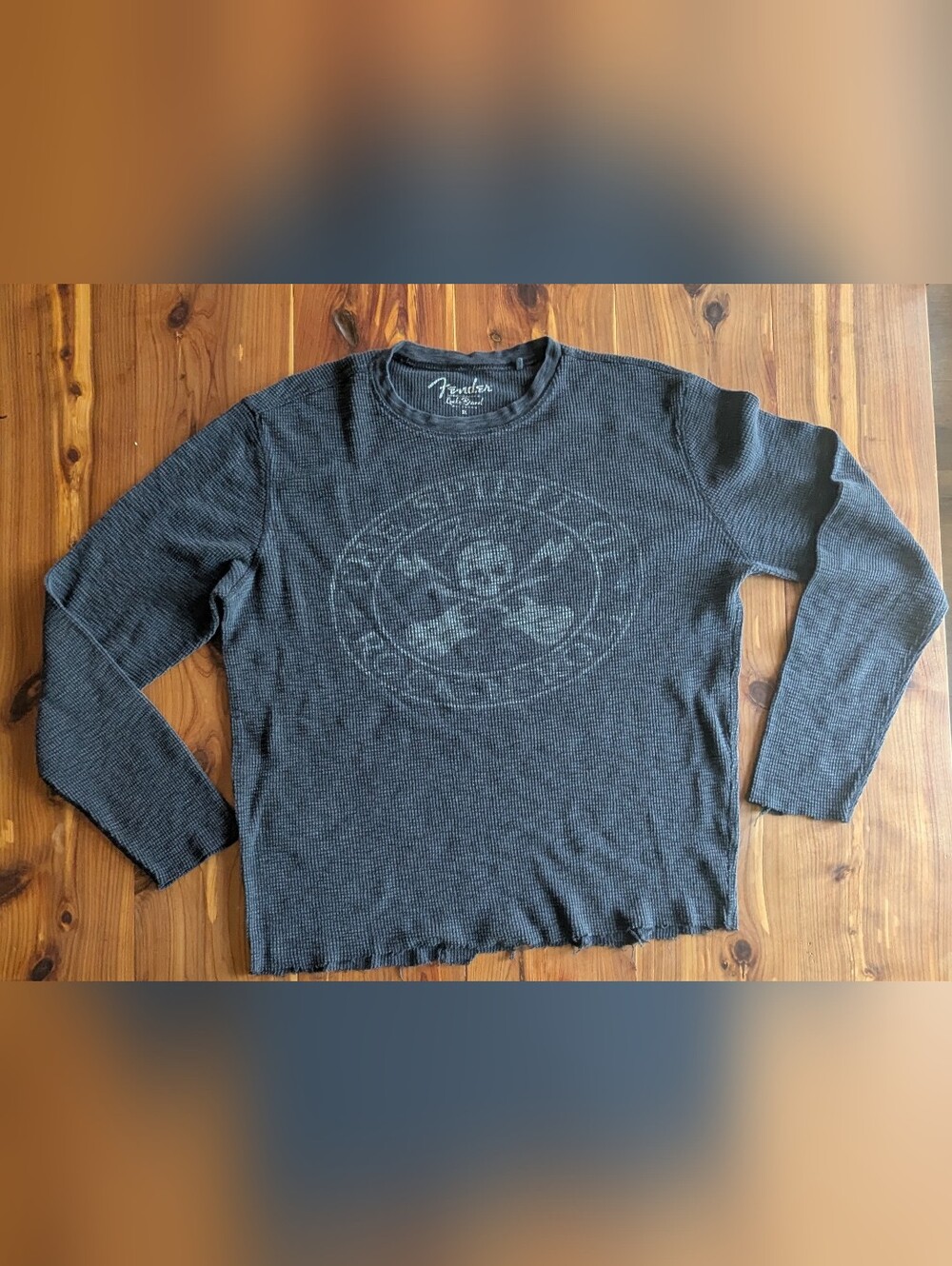 Lucky Brand Black Long-Sleeve Waffle Knit Tee with Subtle Skull Graphic